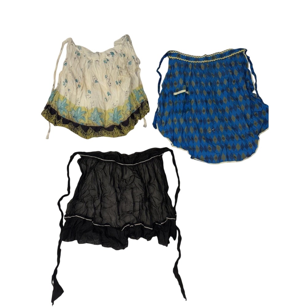 Lot of 3 Vintage Half Aprons Blue Ikat Folk Art Floral Border Sheer Black Ruffle